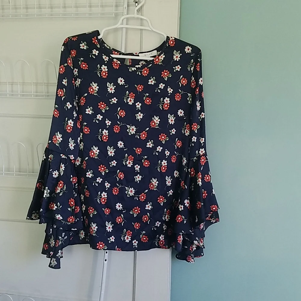 Milly Silk Blouse Keyhole Holly Bell-Sleeve Silk Top Blouse Shirt Floral